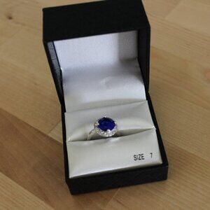 Brand New In Box Cosmetic Jewelry Blue Sapphire Diamond and Silver Cocktail Ring